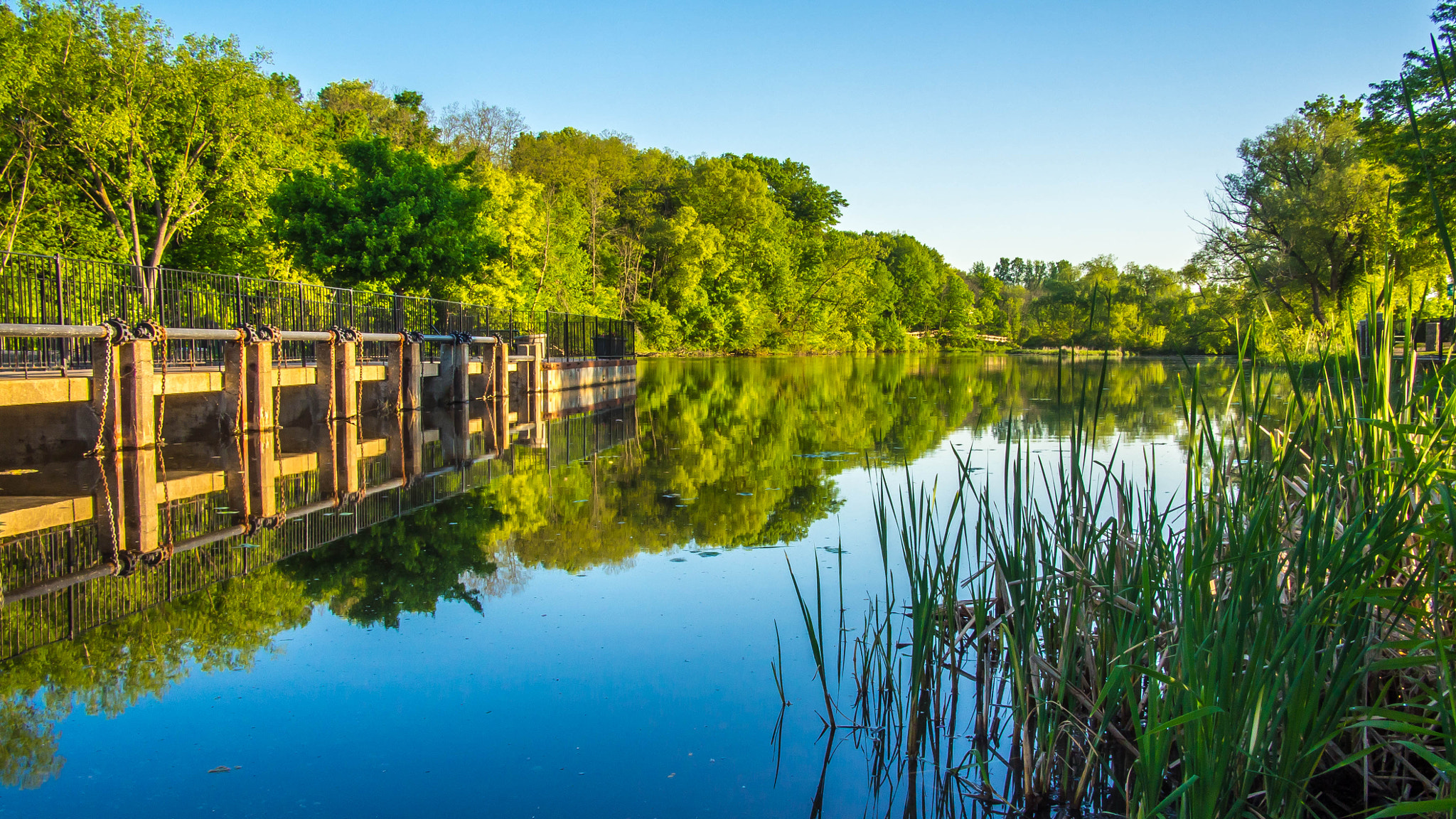 The Rogue River flowing over the Rockford Dam in downtown Rockford, Michigan